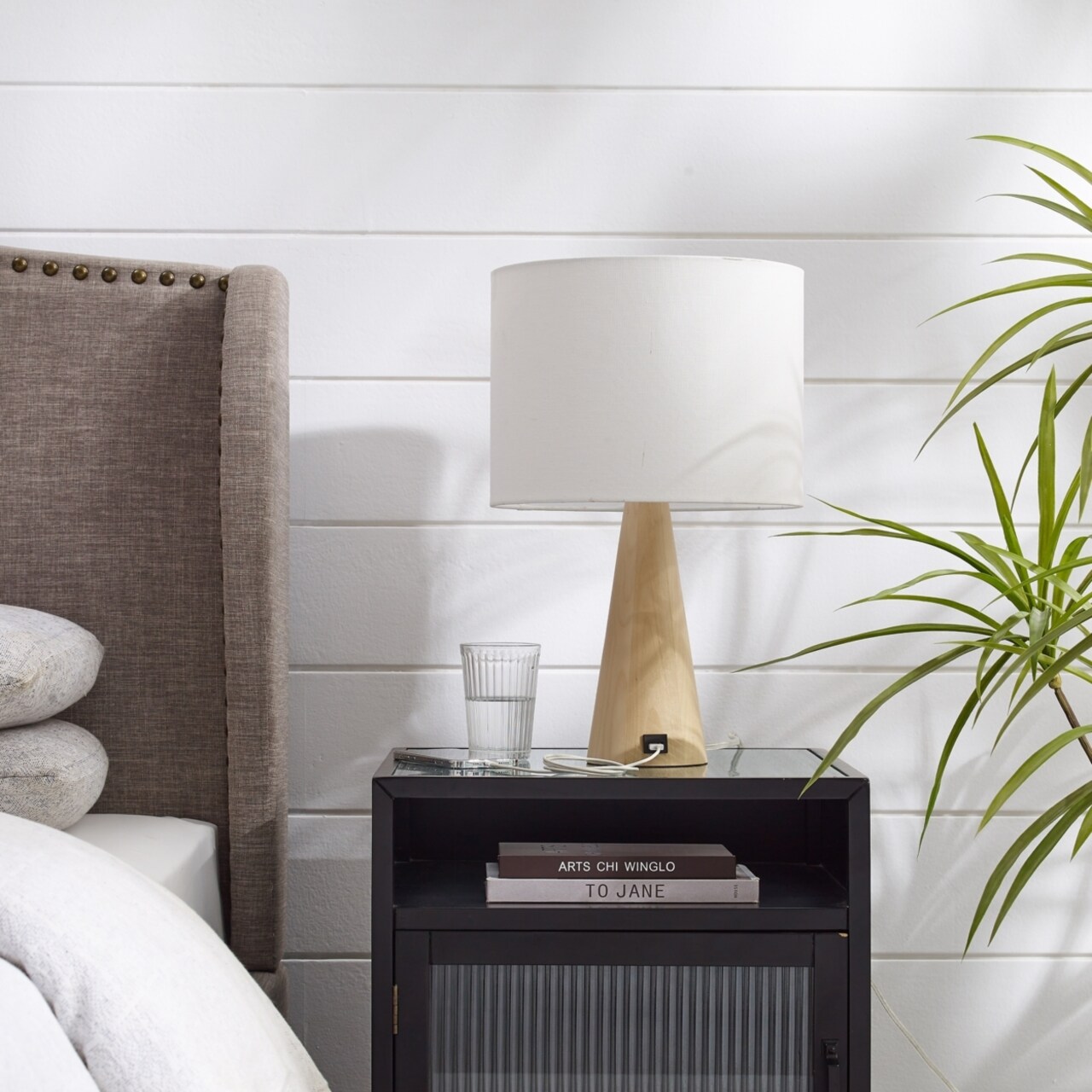 Inspired Home Saraya Table Lamp - 5ft Power Cord USB Charger Sturdy Wood Base Linen Shade Rotary Switch